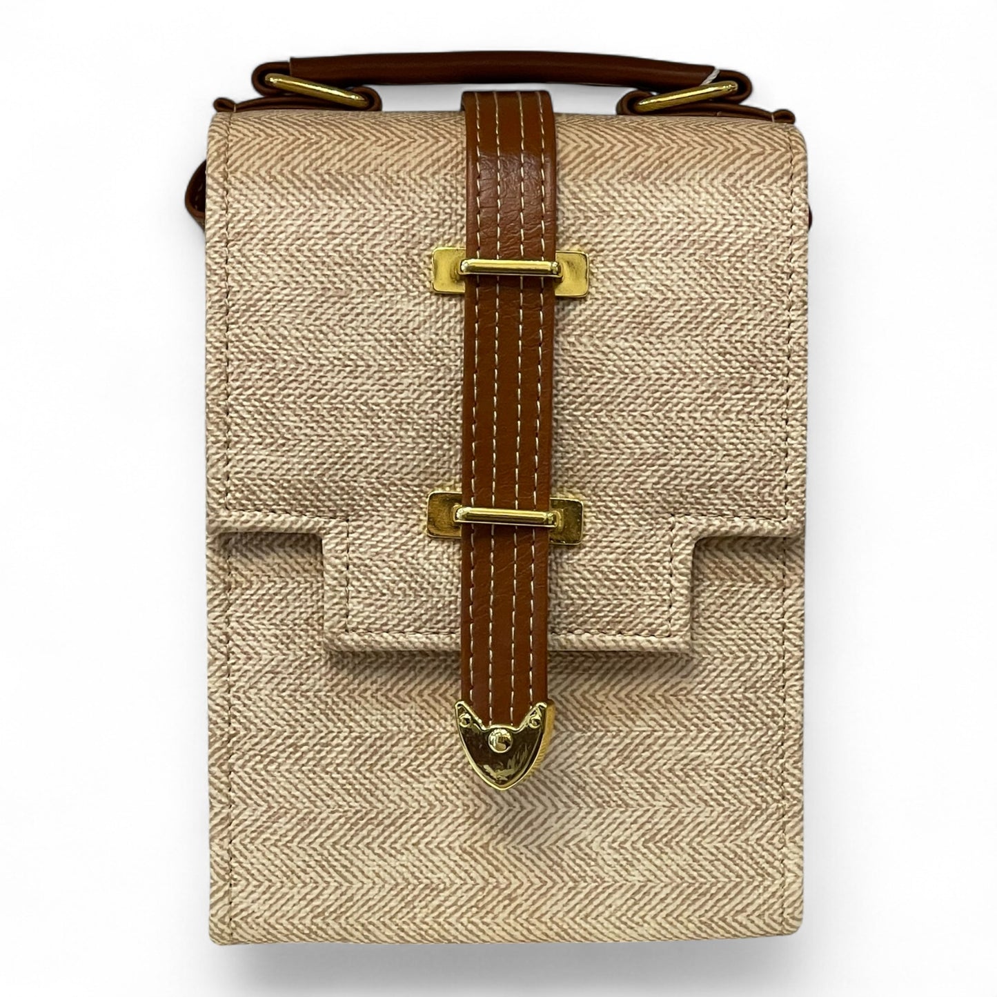 Handmade French Vegan Leather Handbag – Minimal Beige & Tan Gold Accent (19×13×9 cm)