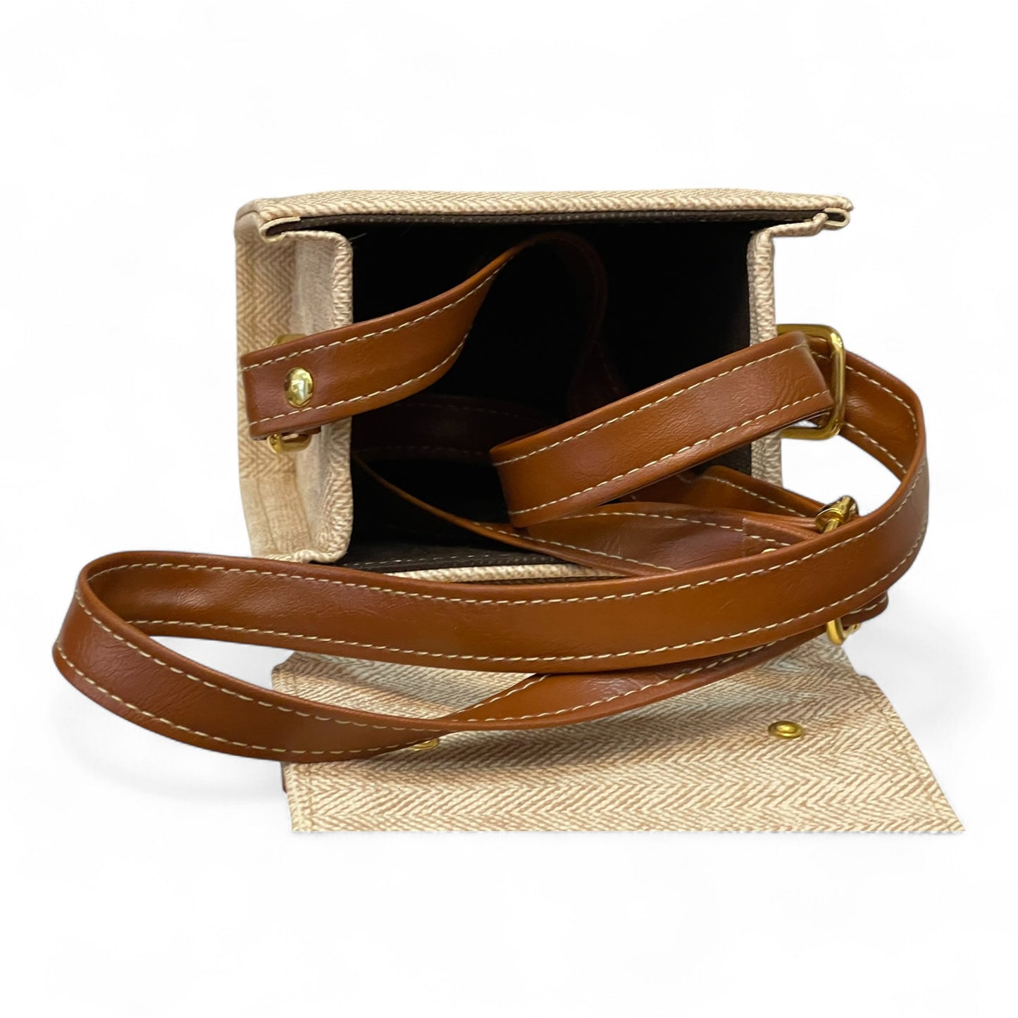 Handmade French Vegan Leather Handbag – Minimal Beige & Tan Gold Accent (19×13×9 cm)