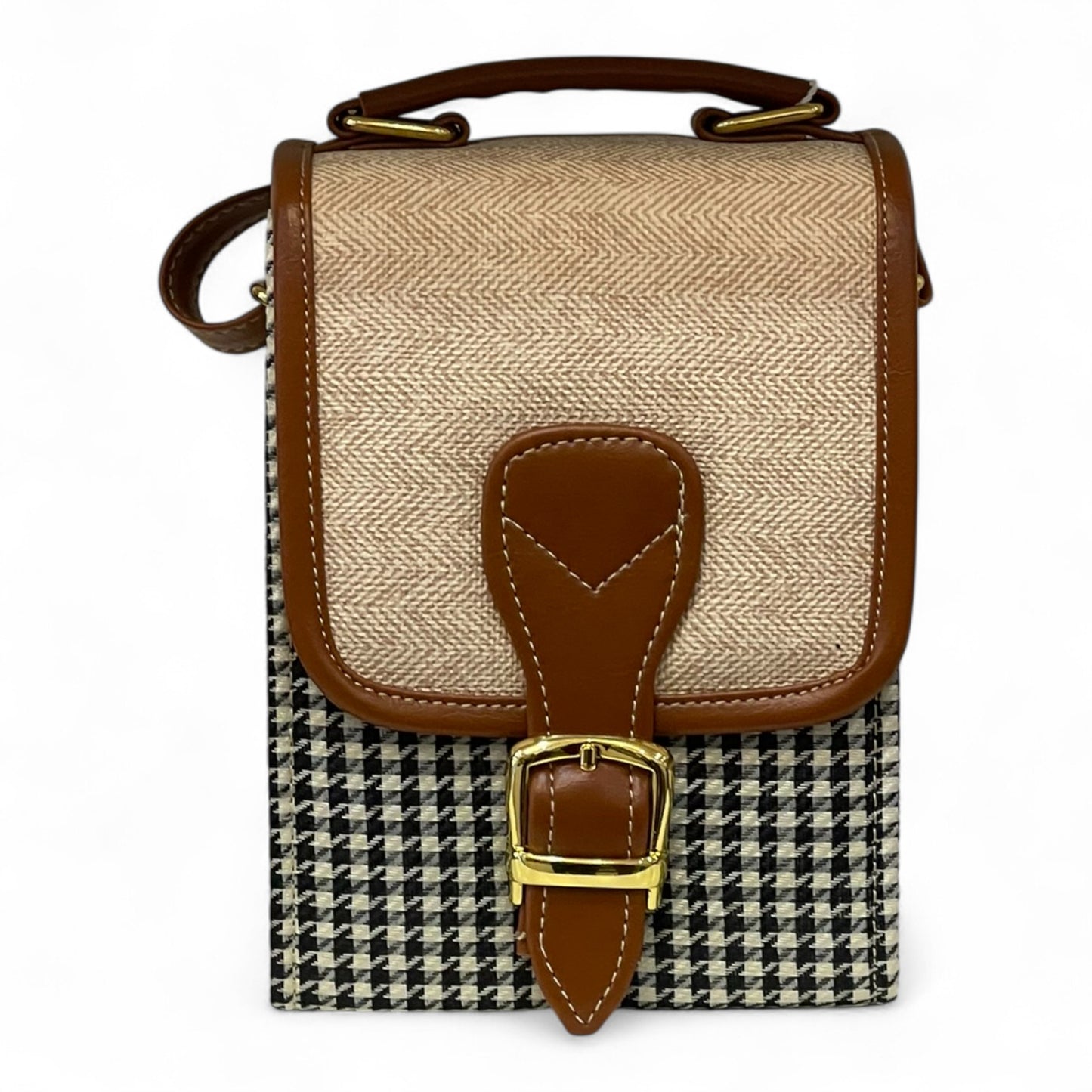 Handmade French Vegan Leather Handbag – Houndstooth & Tan Buckle Design (16×13×10 cm)