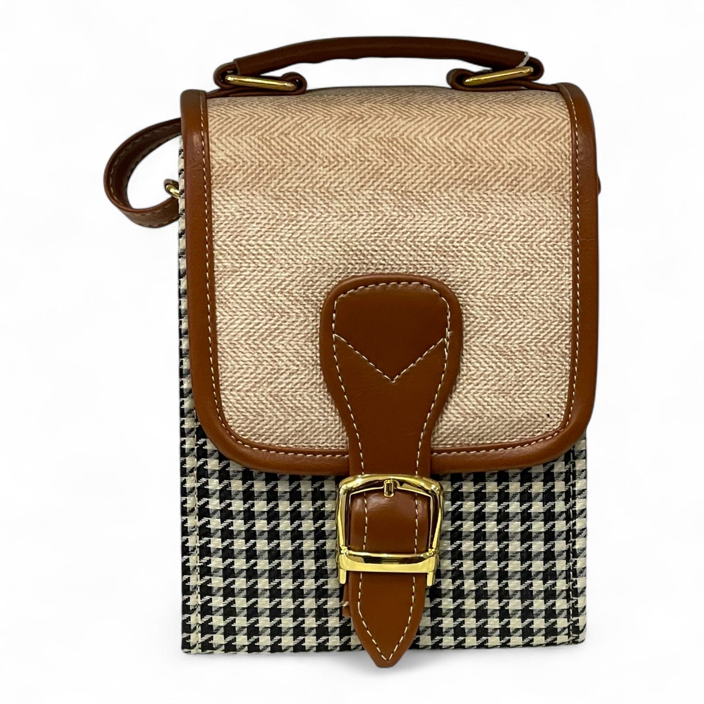 Handmade French Vegan Leather Handbag – Houndstooth & Tan Buckle Design (16×13×10 cm)