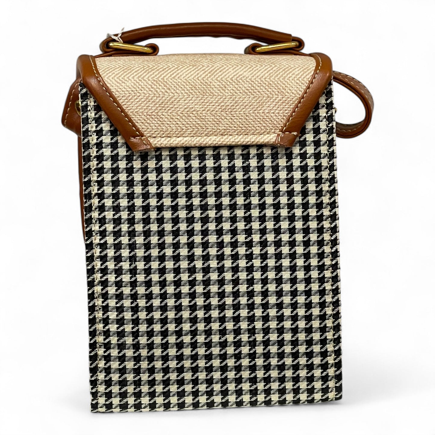 Handmade French Vegan Leather Handbag – Houndstooth & Tan Buckle Design (16×13×10 cm)