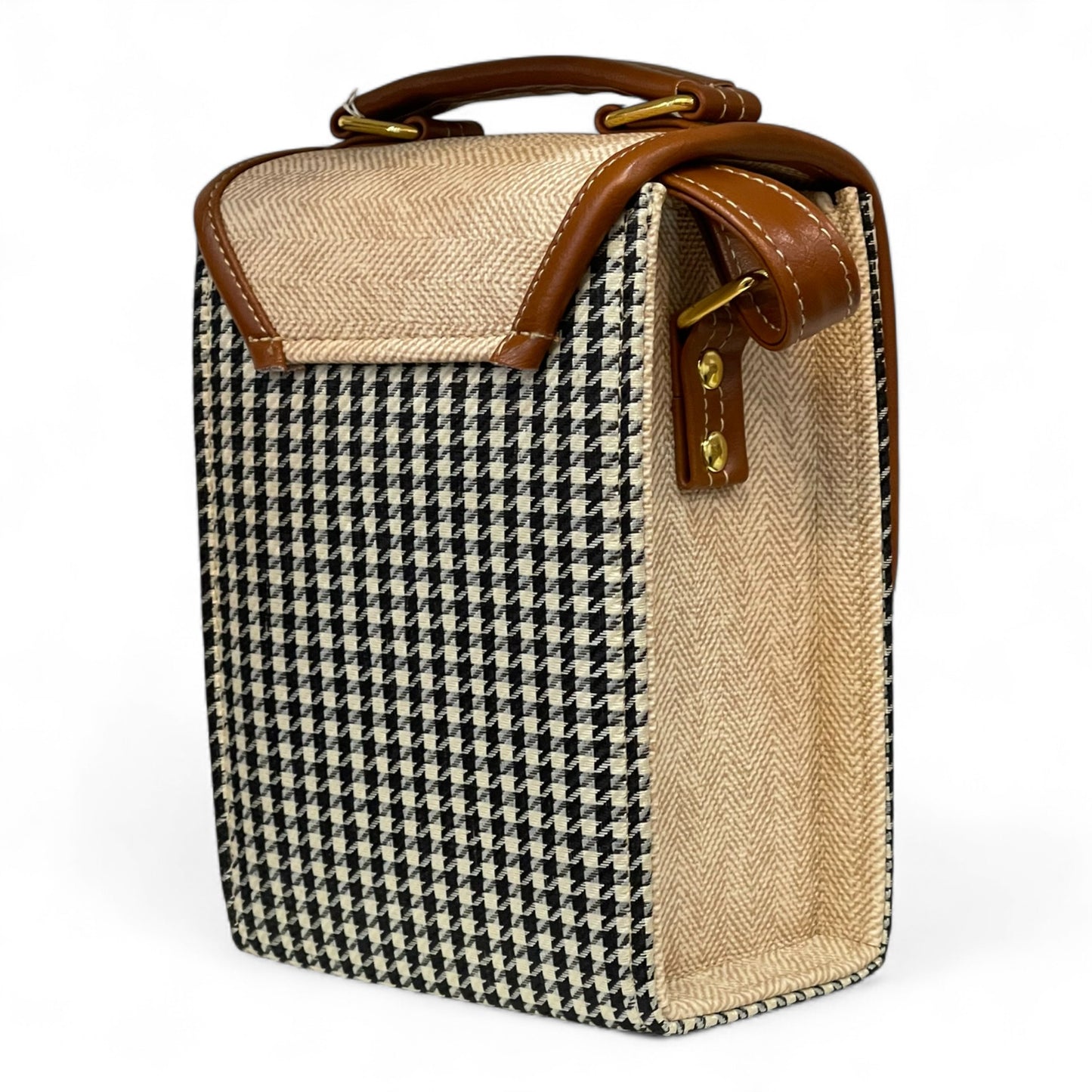 Handmade French Vegan Leather Handbag – Houndstooth & Tan Buckle Design (16×13×10 cm)