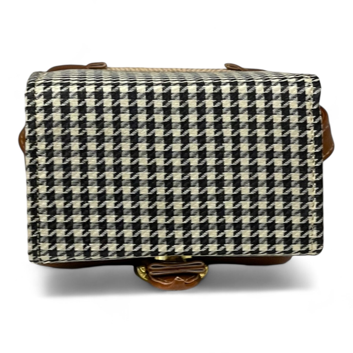 Handmade French Vegan Leather Handbag – Houndstooth & Tan Buckle Design (16×13×10 cm)