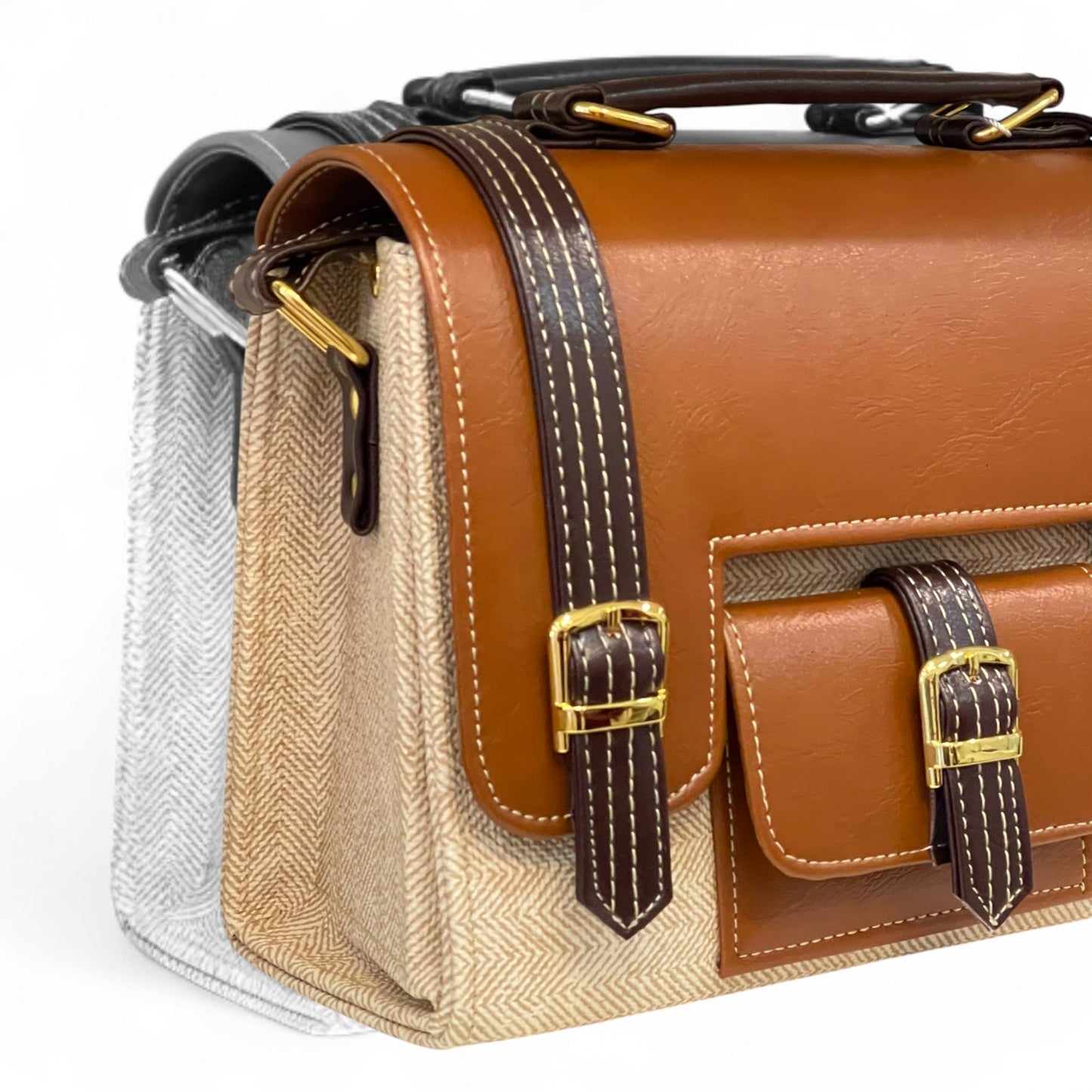 Handmade Vegan Leather Satchel Bag – Camel & Beige Two-Tone Classic Design (23x17x10 cm)