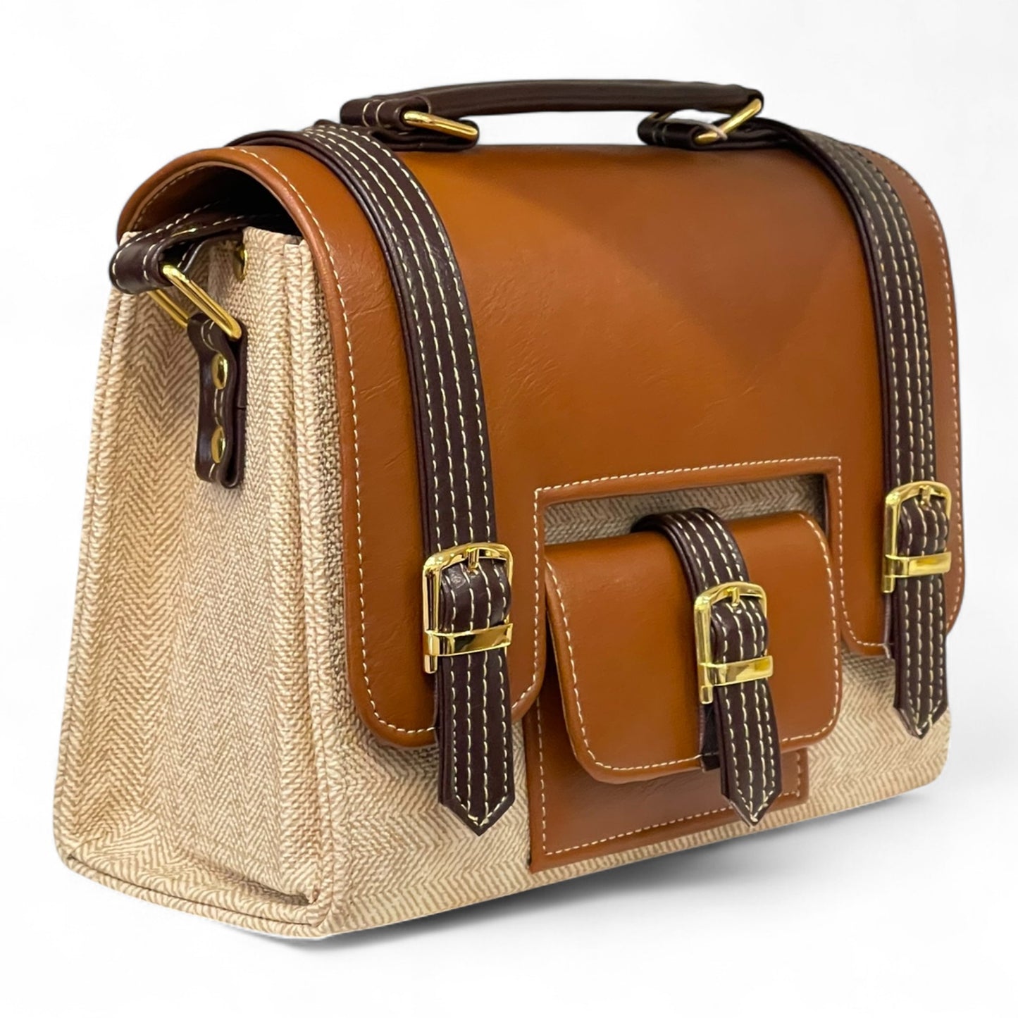 Handmade Vegan Leather Satchel Bag – Camel & Beige Two-Tone Classic Design (23x17x10 cm)