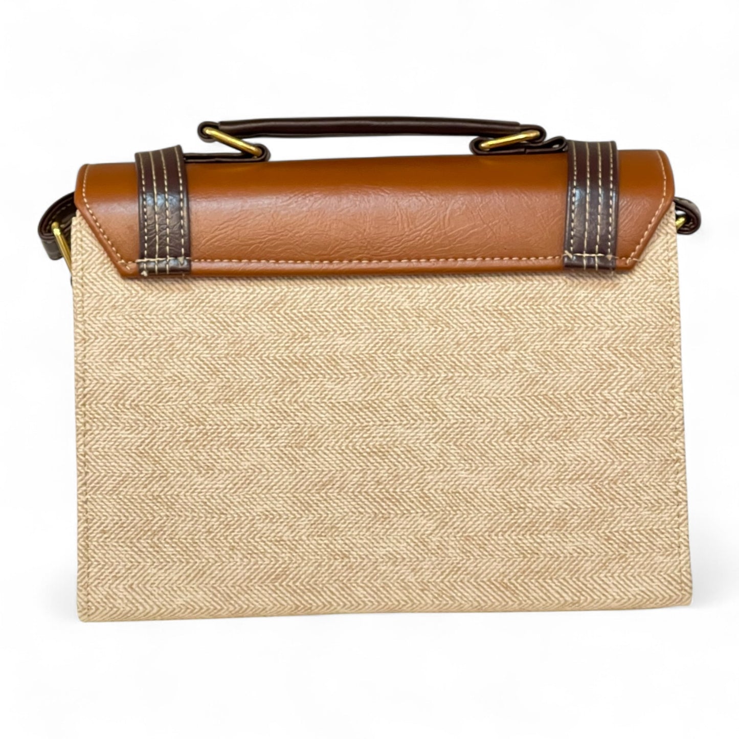 Handmade Vegan Leather Satchel Bag – Camel & Beige Two-Tone Classic Design (23x17x10 cm)