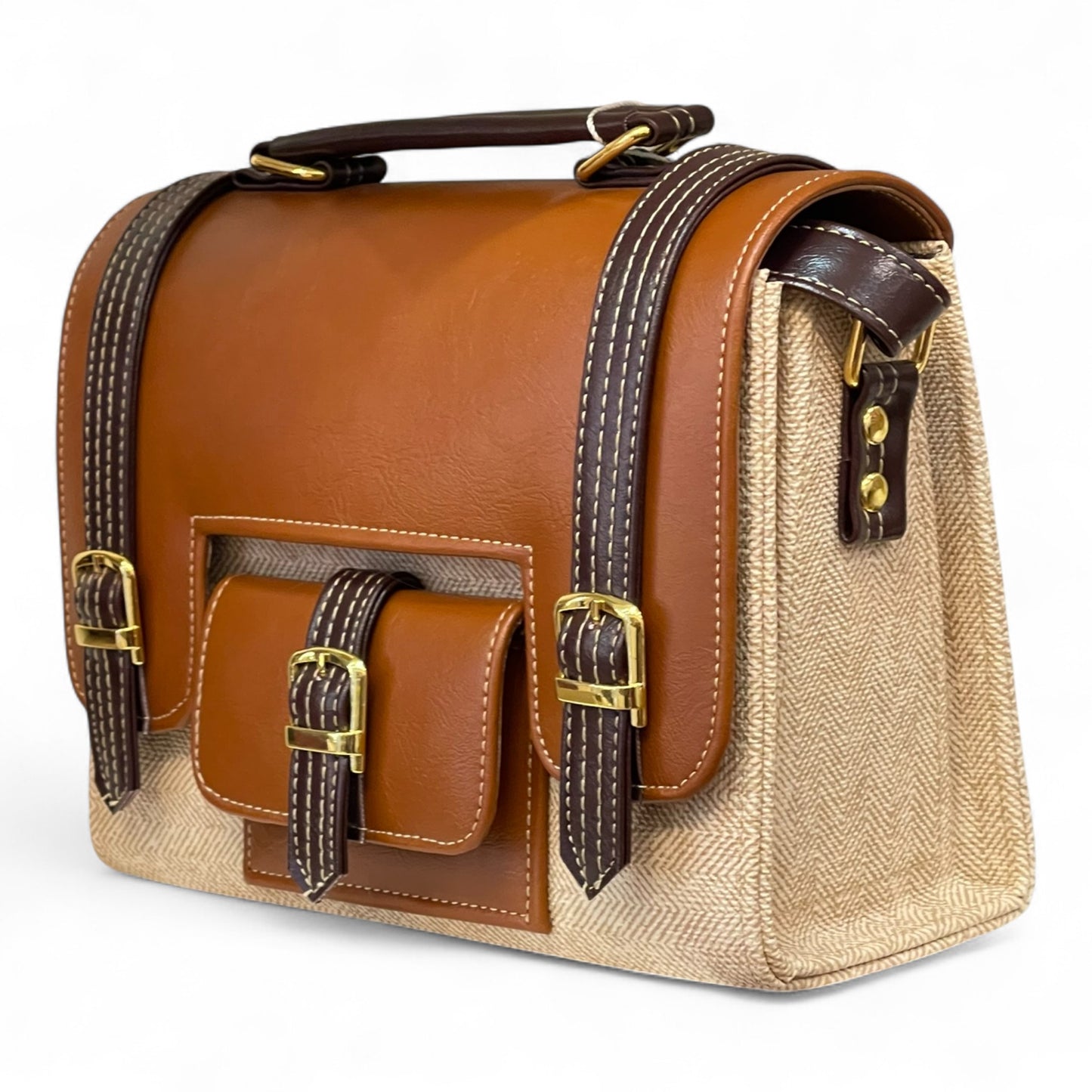 Handmade Vegan Leather Satchel Bag – Camel & Beige Two-Tone Classic Design (23x17x10 cm)