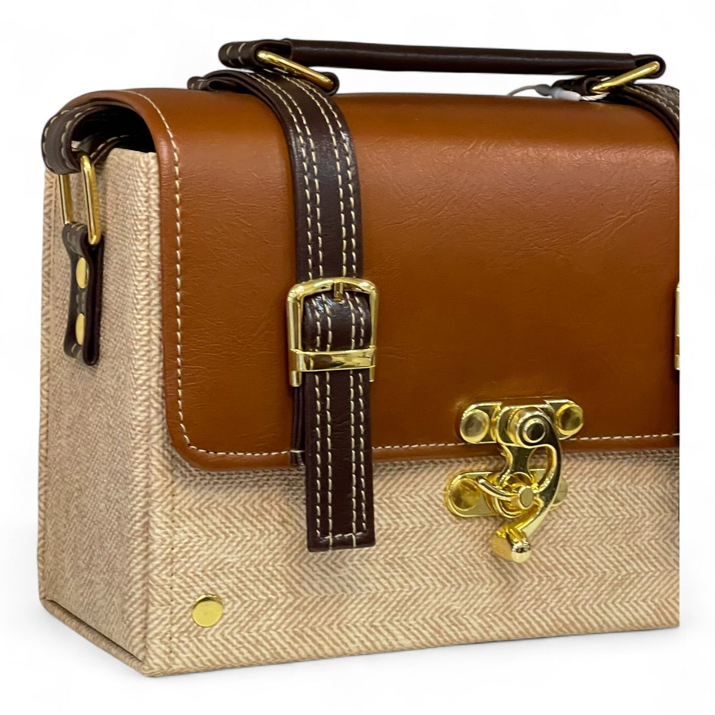 Handmade Vegan Leather Satchel Bag – Brown & Beige Canvas Crossbody with Gold Lock | 21x14x9 cm