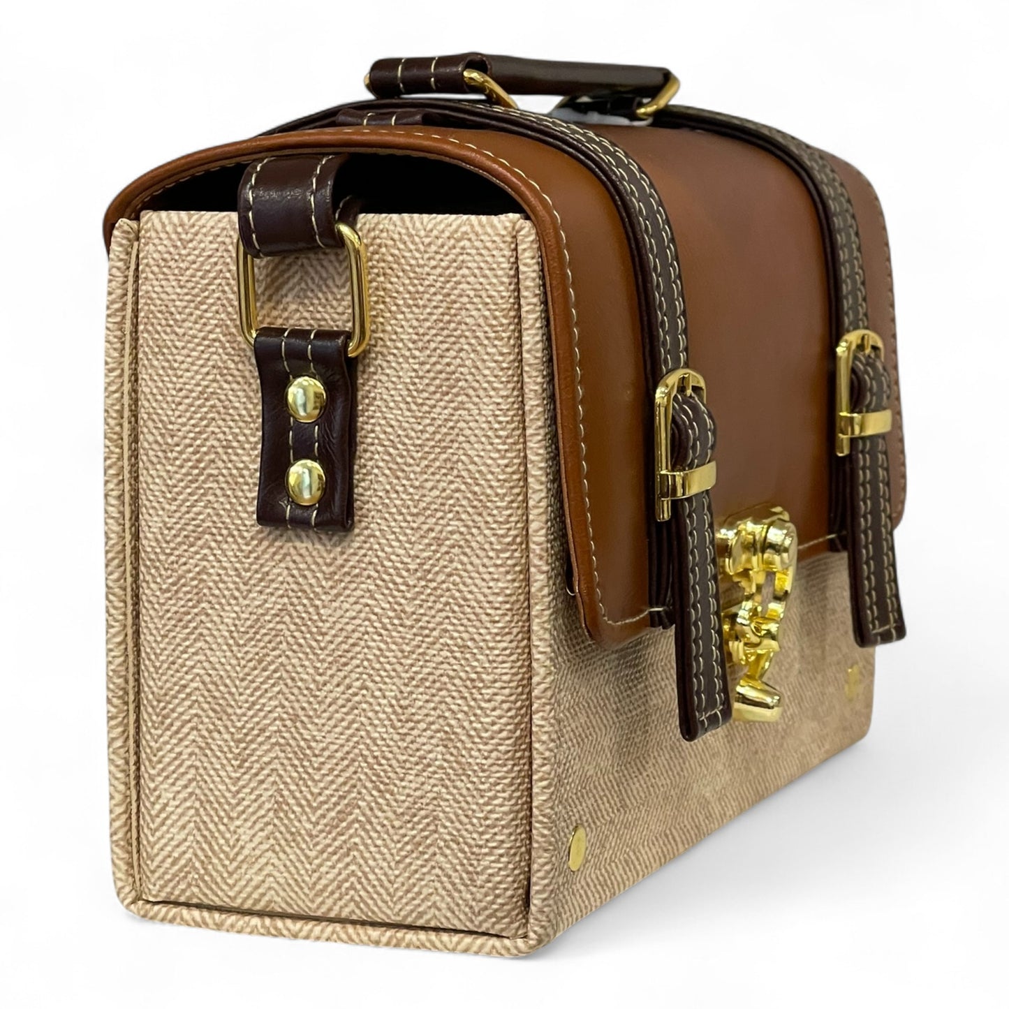 Handmade Vegan Leather Satchel Bag – Brown & Beige Canvas Crossbody with Gold Lock | 21x14x9 cm