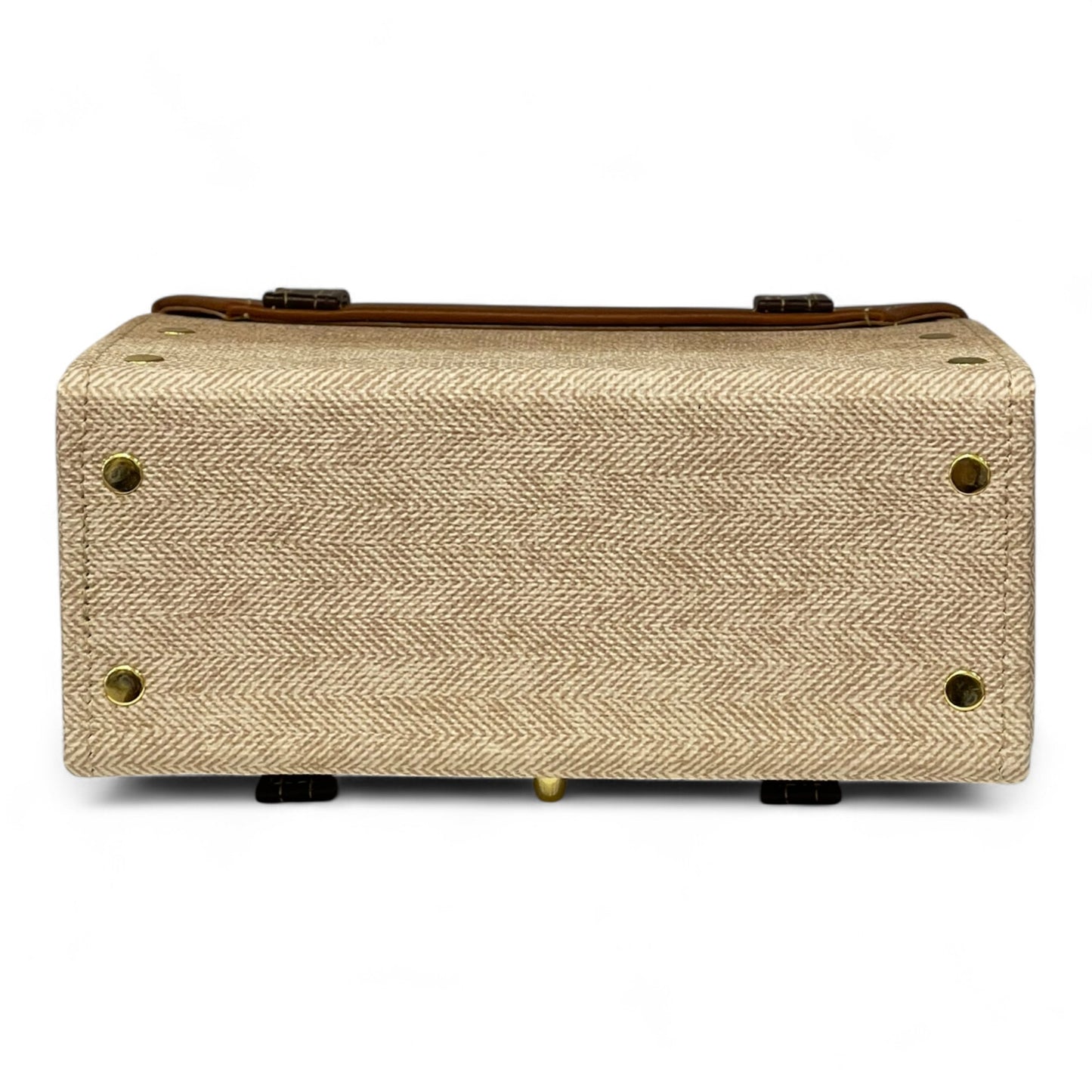 Handmade Vegan Leather Satchel Bag – Brown & Beige Canvas Crossbody with Gold Lock | 21x14x9 cm