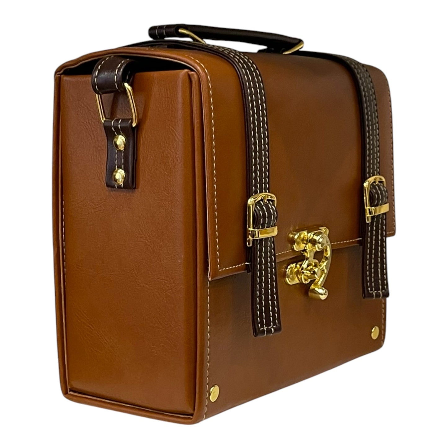 Handmade French Vegan Leather Handbag – Caramel Brown with Gold Lock Detail (21×19×10 cm)