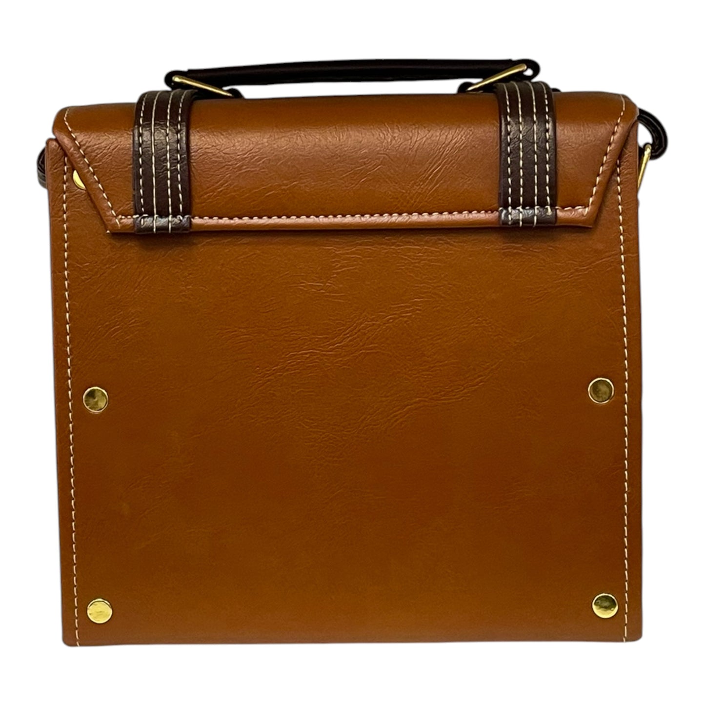 Handmade French Vegan Leather Handbag – Caramel Brown with Gold Lock Detail (21×19×10 cm)