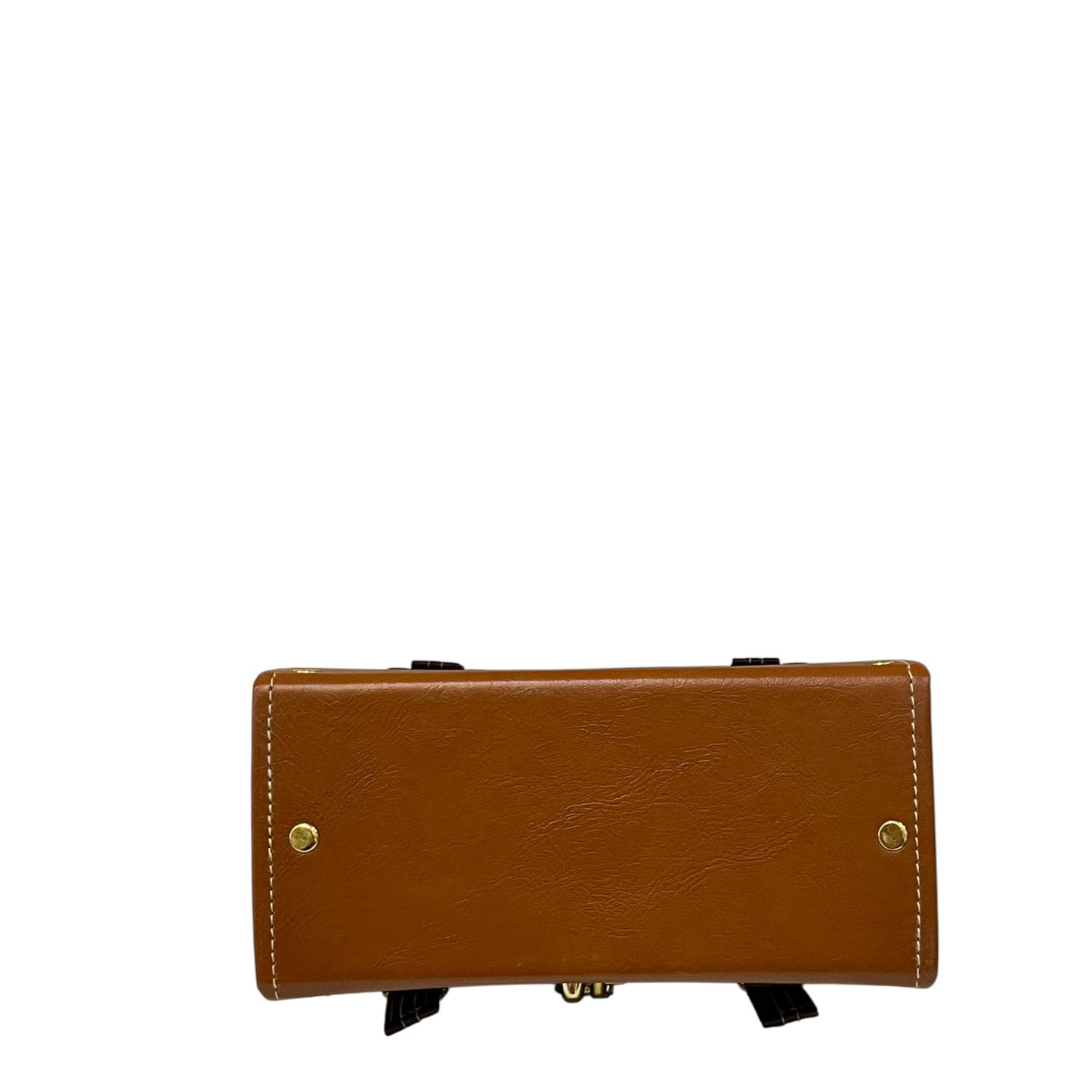 Handmade French Vegan Leather Handbag – Caramel Brown with Gold Lock Detail (21×19×10 cm)