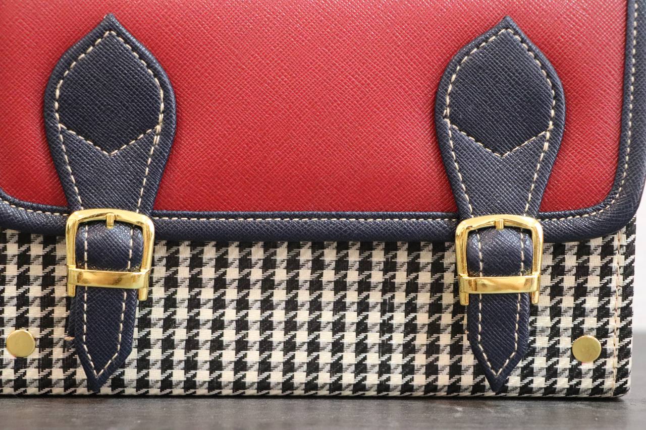Handmade French Vegan Leather Handbag – Red & Houndstooth with Navy Buckle Straps (21×14×9 cm)