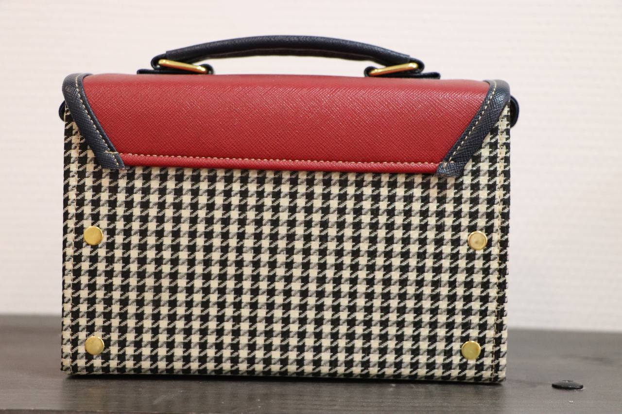 Handmade French Vegan Leather Handbag – Red & Houndstooth with Navy Buckle Straps (21×14×9 cm)