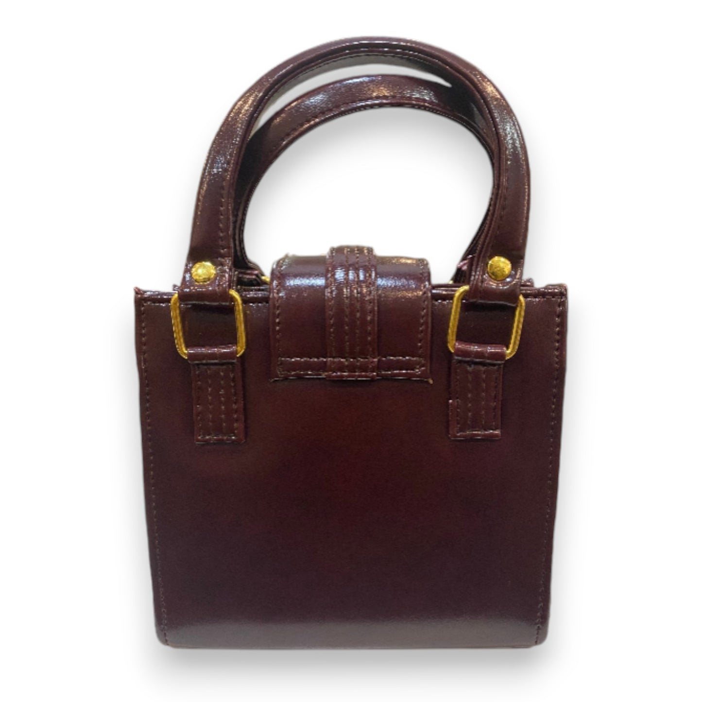 Handmade Mini Vegan Leather Tote Bag – Deep Brown with Gold Buckle Detail