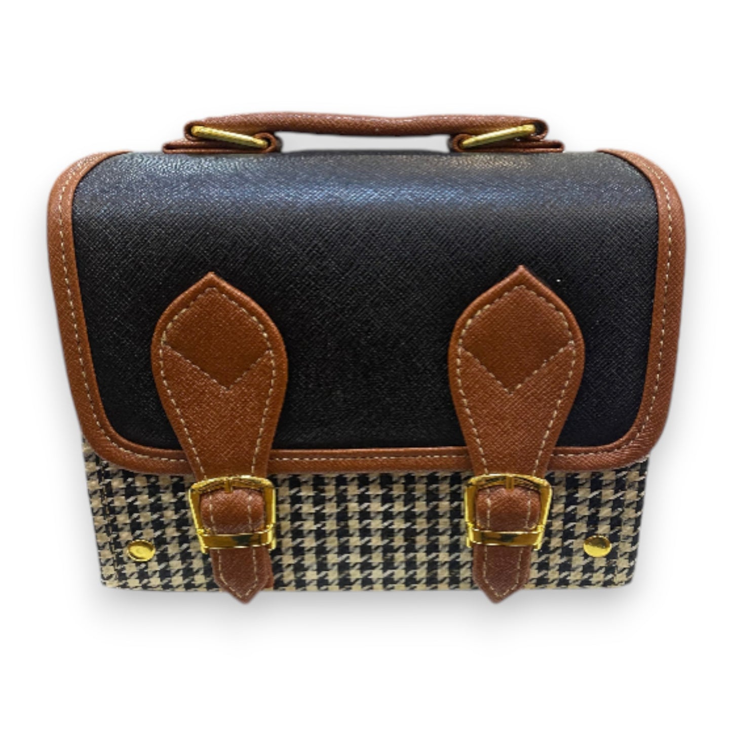 Handmade Vegan Leather Satchel Bag – Black & Brown with Houndstooth Pattern | 21x14x9 cm