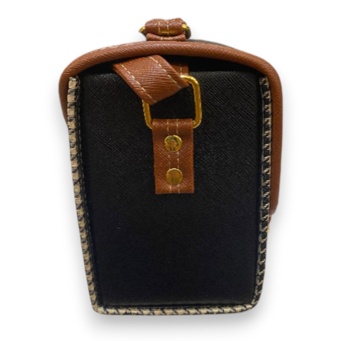 Handmade Vegan Leather Satchel Bag – Black & Brown with Houndstooth Pattern | 21x14x9 cm