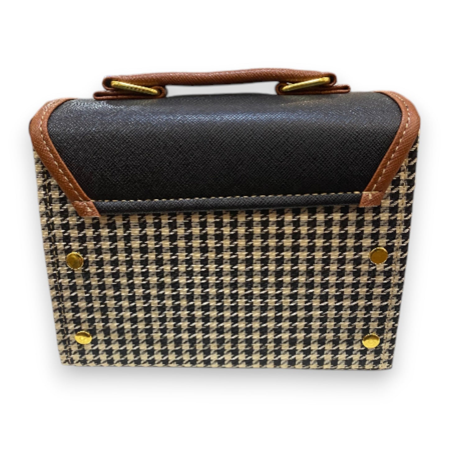 Handmade Vegan Leather Satchel Bag – Black & Brown with Houndstooth Pattern | 21x14x9 cm