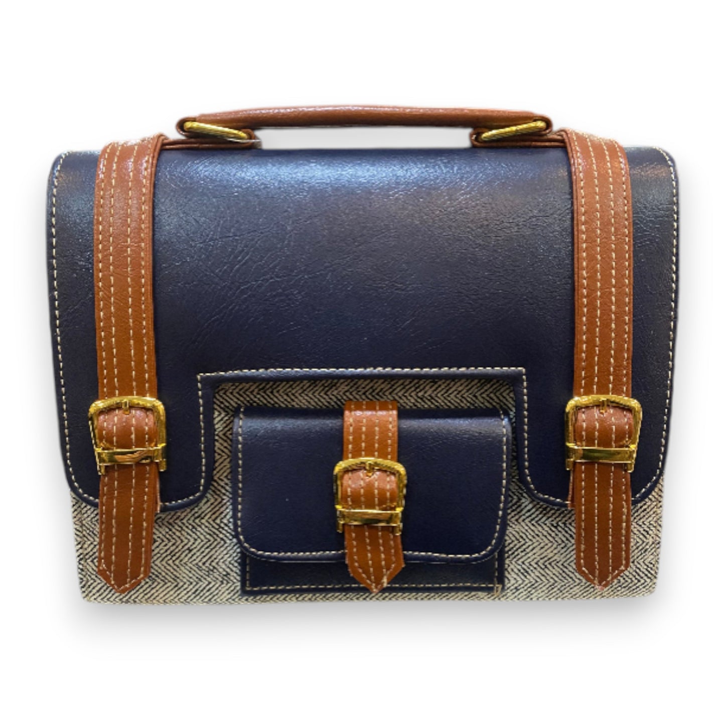 Handmade Navy & Tan Vegan Leather Satchel – Classic Two-Tone Crossbody with Gold Buckles | 23x17x10 cm