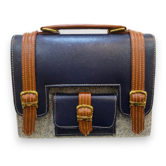 Handmade Navy & Tan Vegan Leather Satchel – Classic Two-Tone Crossbody with Gold Buckles | 23x17x10 cm