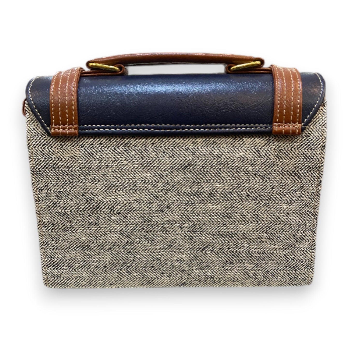 Handmade Navy & Tan Vegan Leather Satchel – Classic Two-Tone Crossbody with Gold Buckles | 23x17x10 cm