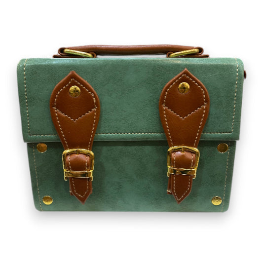 Handmade Green & Brown Vegan Leather Mini Satchel – Retro Crossbody Bag with Gold Buckles | 18x14x6 cm