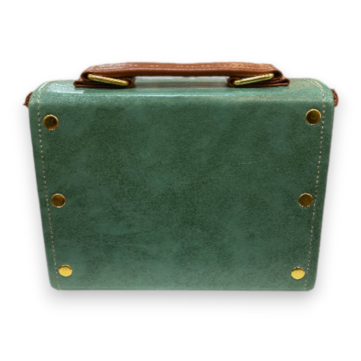 Handmade Green & Brown Vegan Leather Mini Satchel – Retro Crossbody Bag with Gold Buckles | 18x14x6 cm