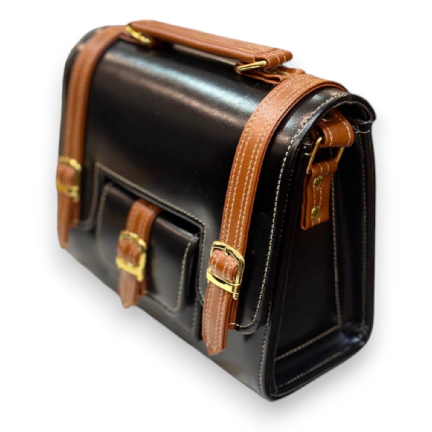 Handmade Black & Tan Vegan Leather Satchel – Structured Crossbody Bag with Gold Buckles | 23x17x10 cm