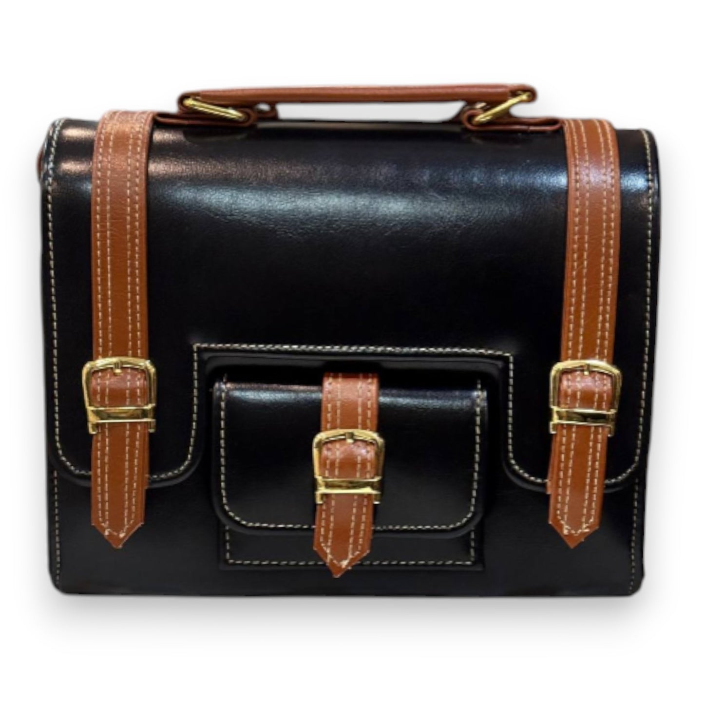 Handmade Black & Tan Vegan Leather Satchel – Structured Crossbody Bag with Gold Buckles | 23x17x10 cm