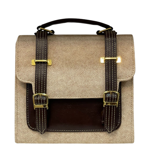 Handmade Vegan Leather & Canvas Satchel Bag – Beige and Dark Brown Vintage Design | 23x16x10 cm