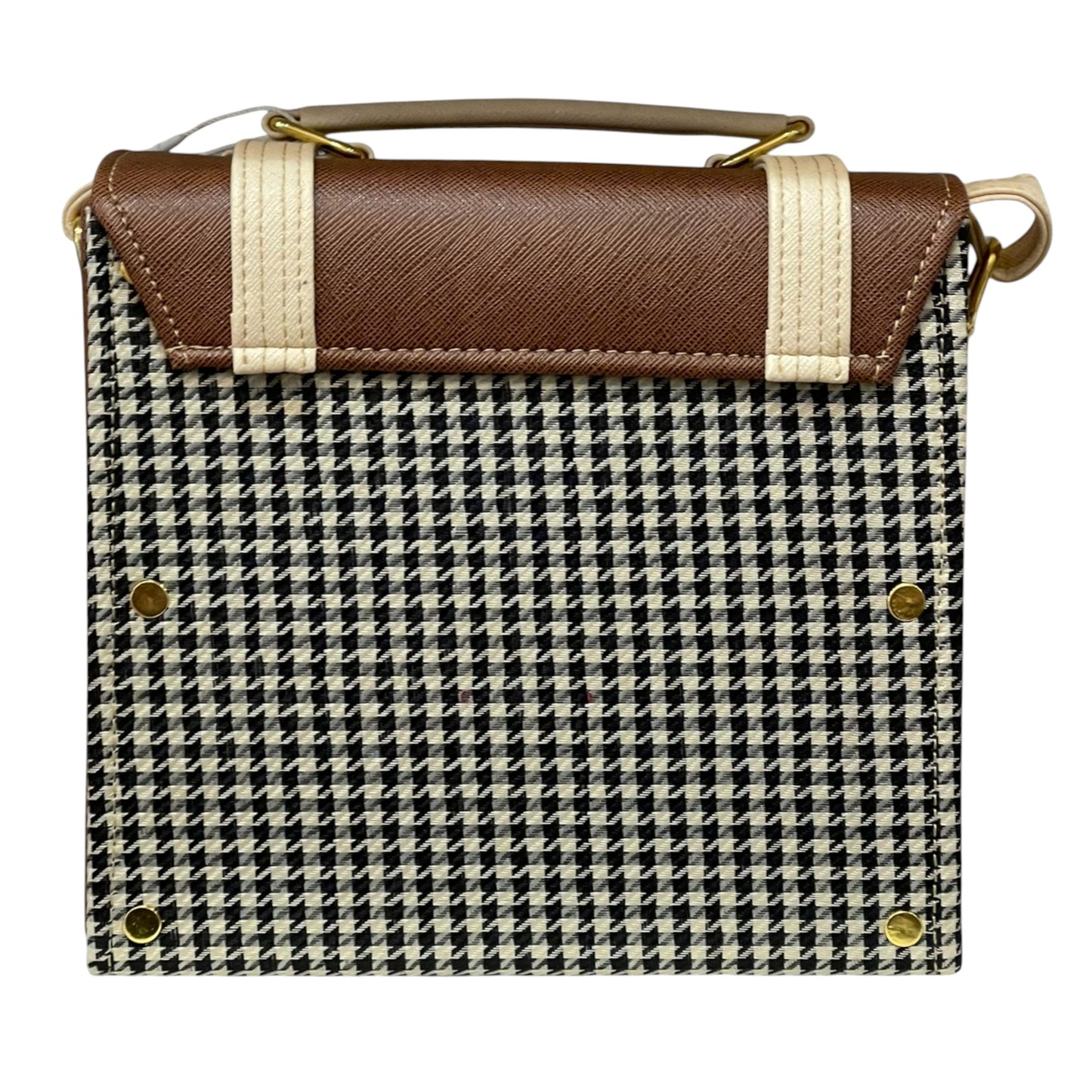 Handmade French Vegan Leather Handbag – Brown & Houndstooth with Cream Straps (21×14×9 cm)