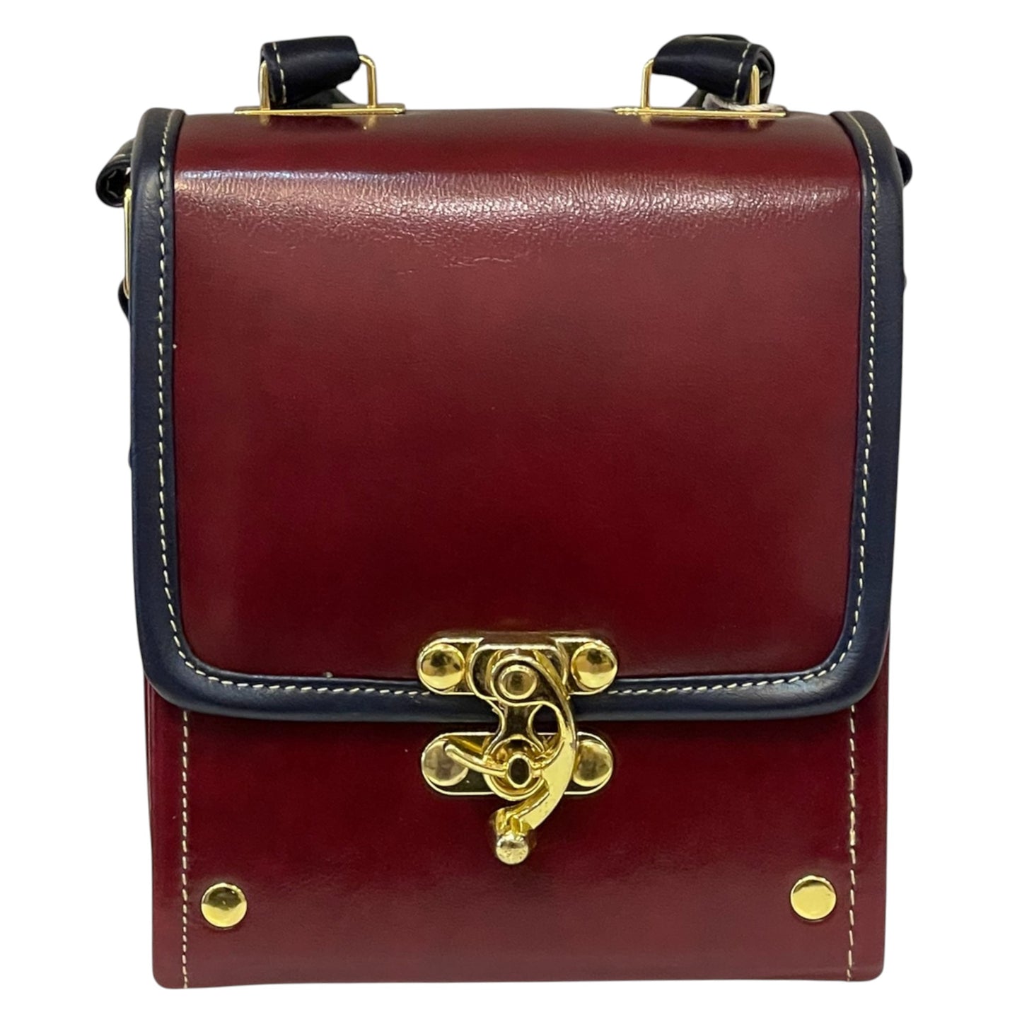Handmade Vegan Leather Crossbody Bag – Burgundy & Navy with Gold Lock (16x14x8 cm)