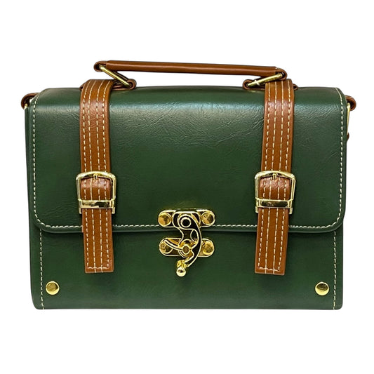 Handmade Vegan Leather Box Bag – Forest Green & Caramel Brown (21x14x9 cm)