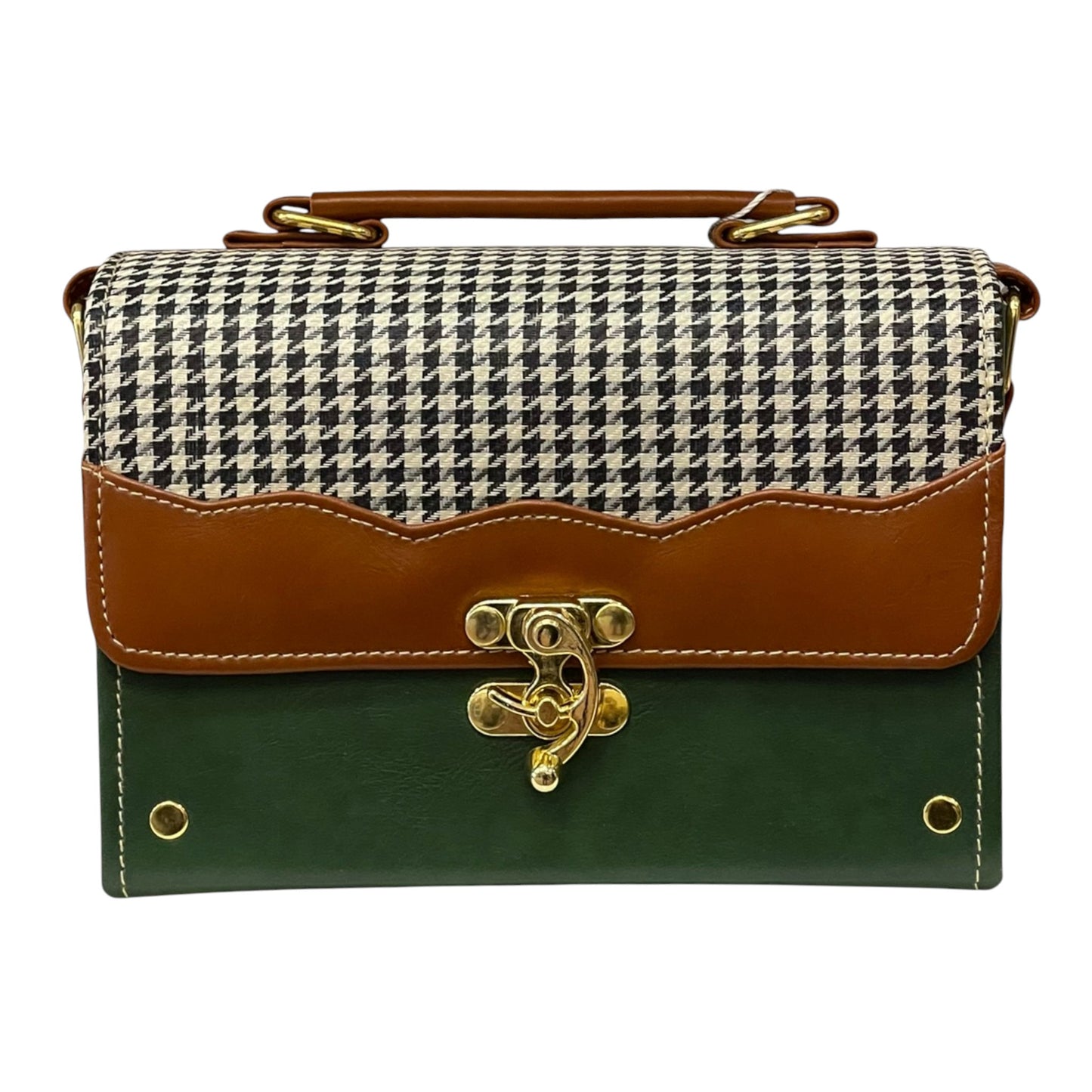 Handmade Vegan Leather Satchel – Houndstooth, Forest Green & Tan | Classic Crossbody Bag 21x14x9 cm