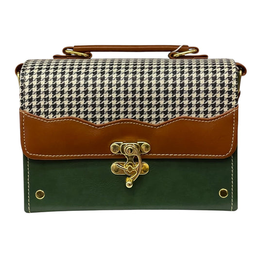 Handmade Vegan Leather Satchel – Houndstooth, Forest Green & Tan | Classic Crossbody Bag 21x14x9 cm