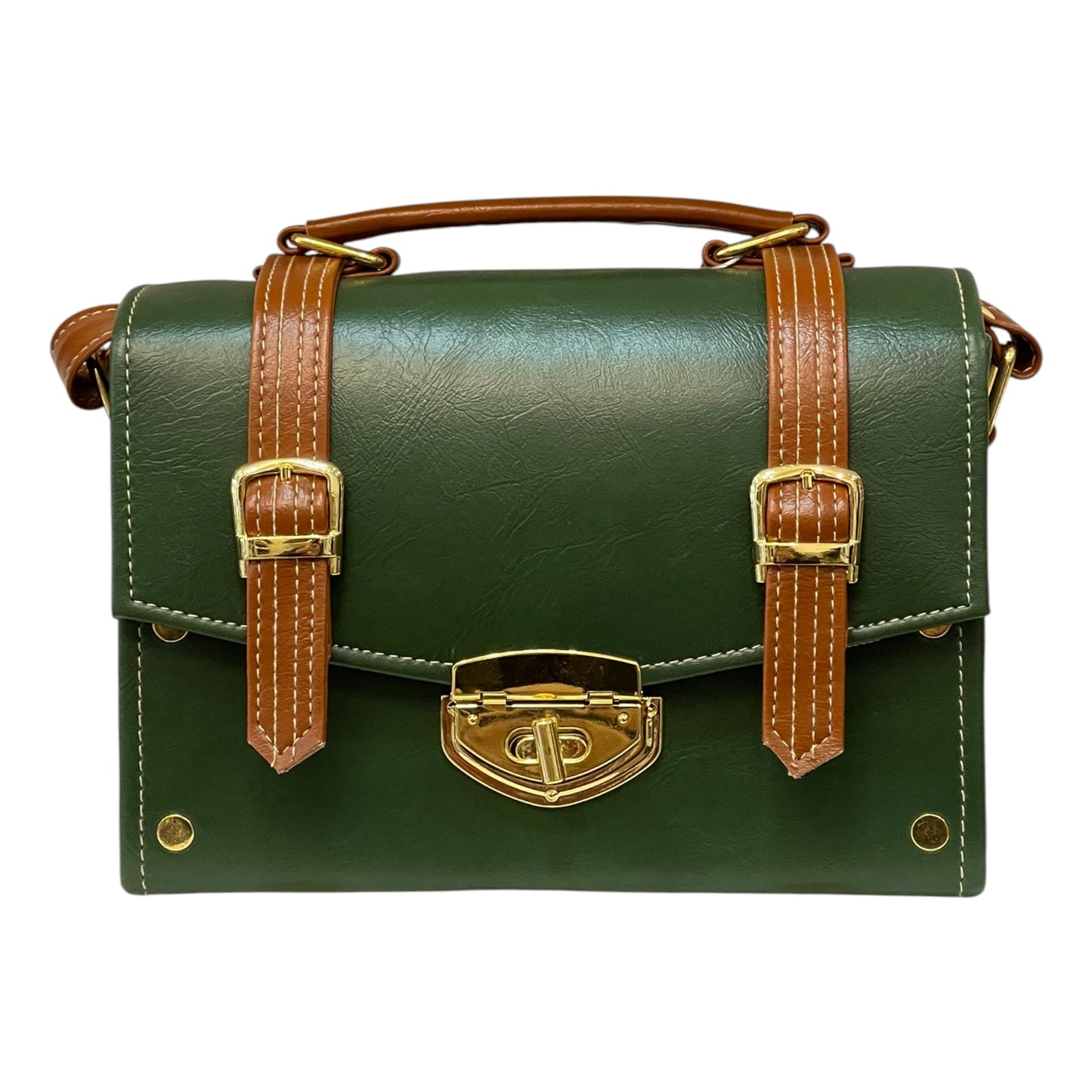 Handmade Vegan Leather Box Bag – Forest Green & Caramel with Gold Hardware (21x14x9 cm)