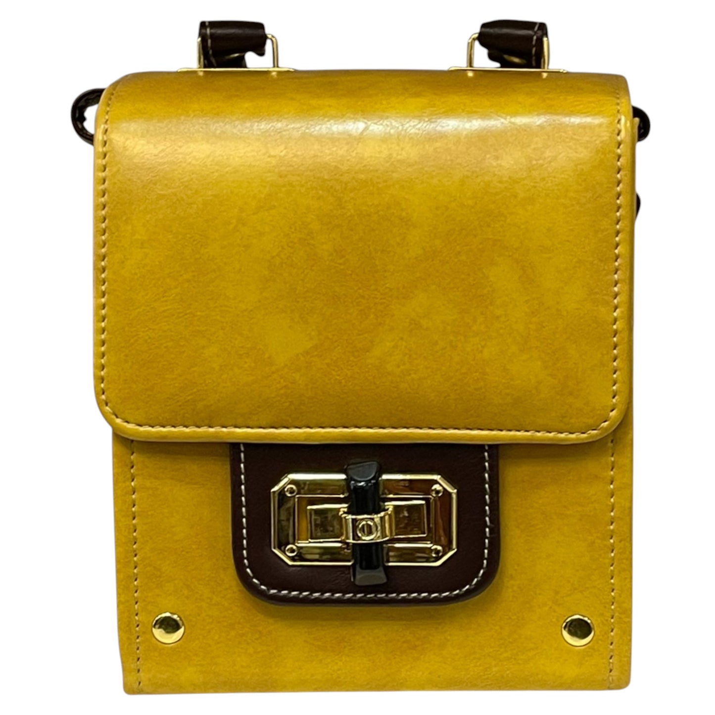 Handmade Yellow Vegan Leather Mini Satchel Bag – Gold Lock Crossbody | 16x14x8 cm