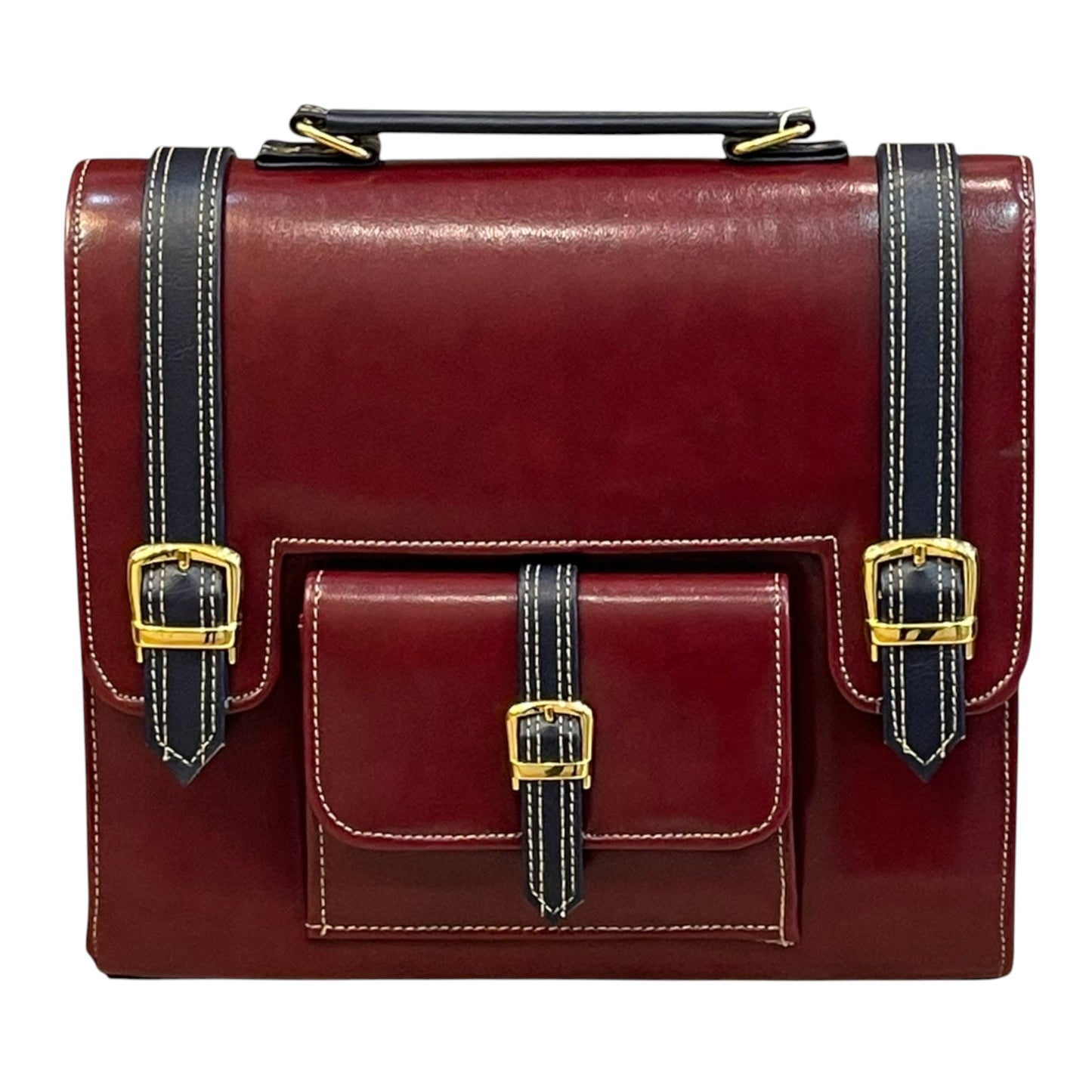 Handmade Vegan Leather Satchel – Burgundy & Navy Classic Bag with Gold Accents (23x17x10 cm)