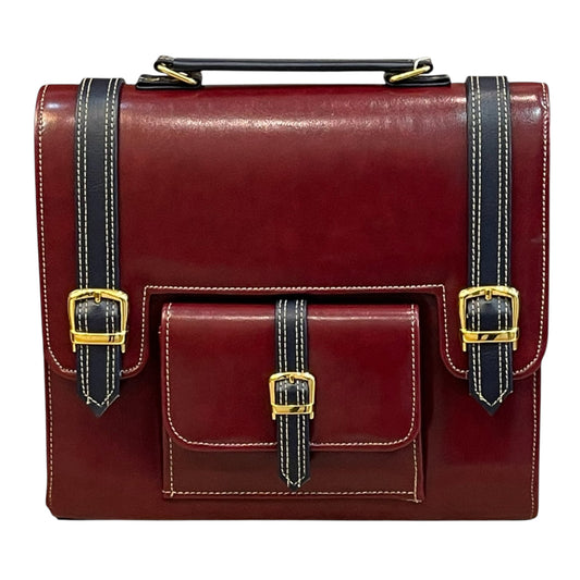 Handmade Vegan Leather Satchel – Burgundy & Navy Classic Bag with Gold Accents (23x17x10 cm)